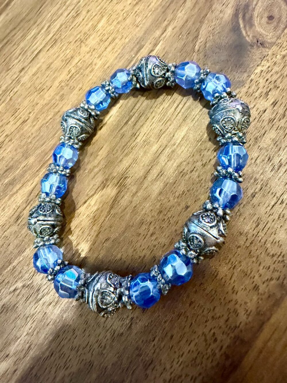 Boho Blue Crystal Stretch Bracelet Artisan Silver Beads
